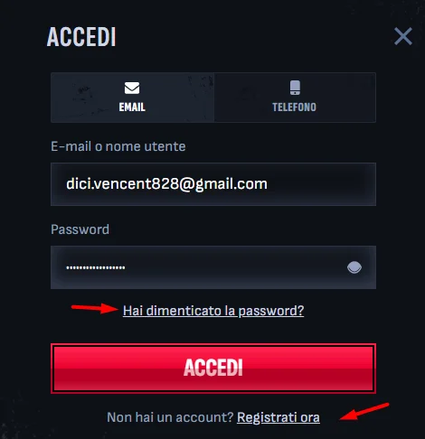 quick log in form