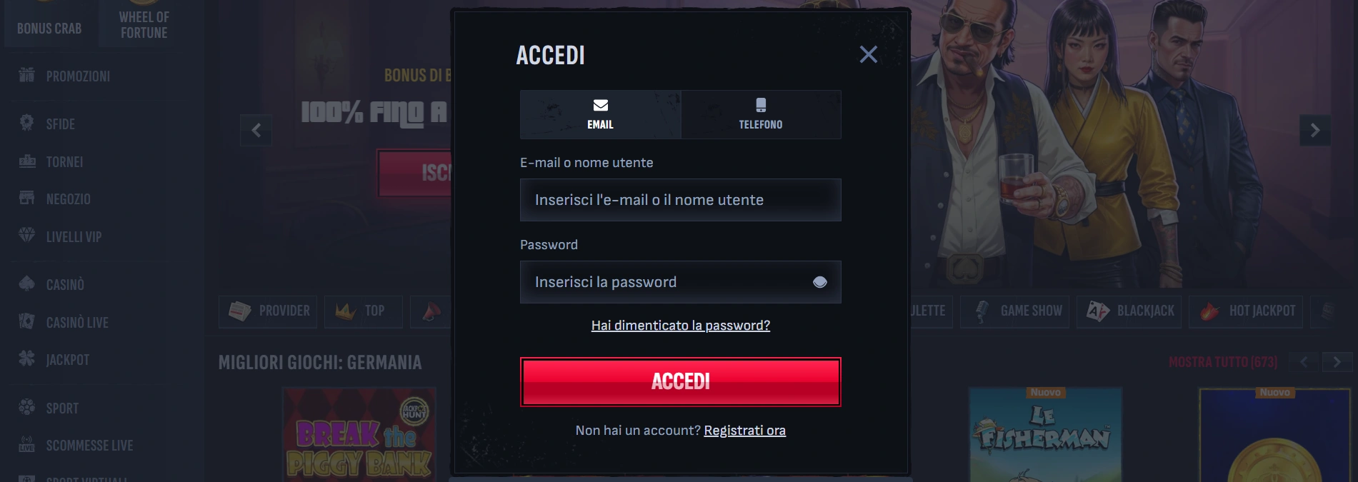 Accesso sicuro al conto Mafia Casino
